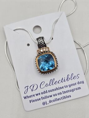 Swarovski Crystal Elements Silver Gold Necklace Blue Zircon Two Tone 20 inch